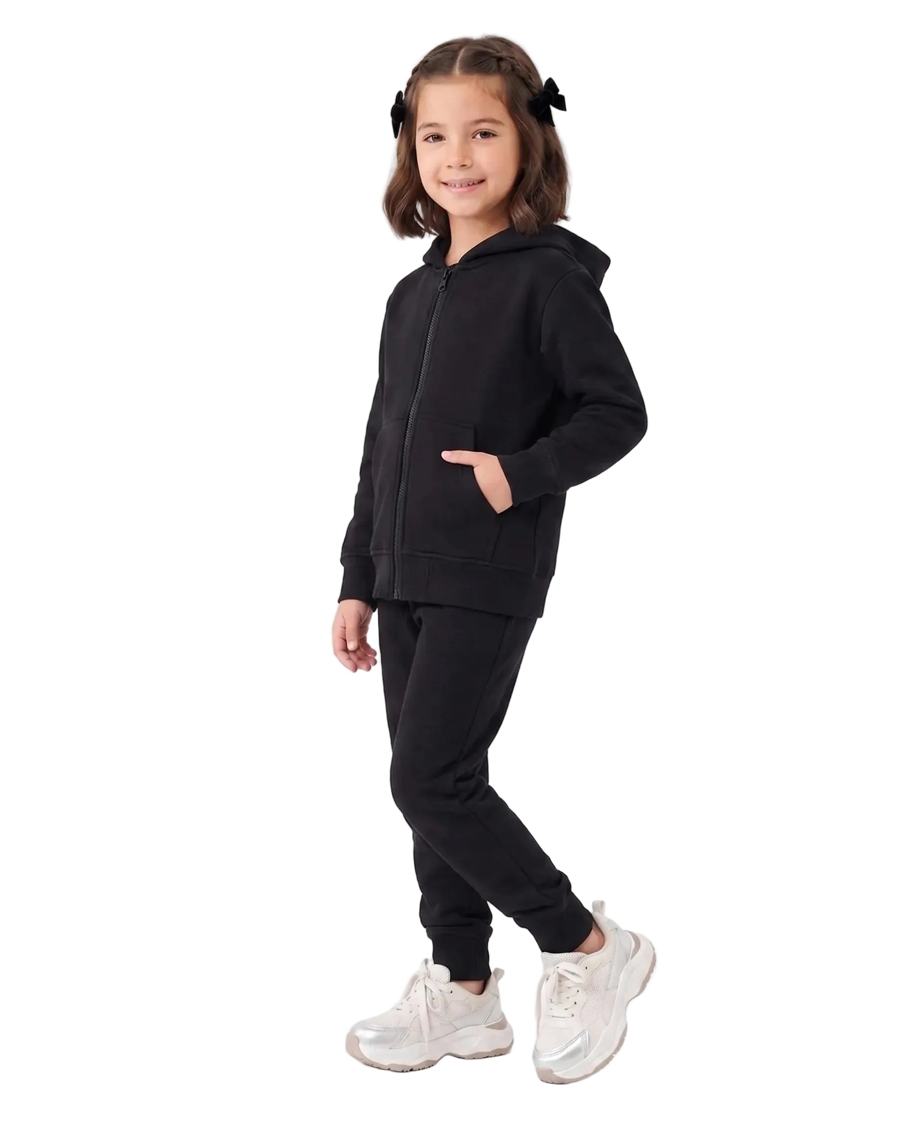 Multiple views of a girl wearing black milton winter sweatpants paired with a matching zip hoodie by TREE.