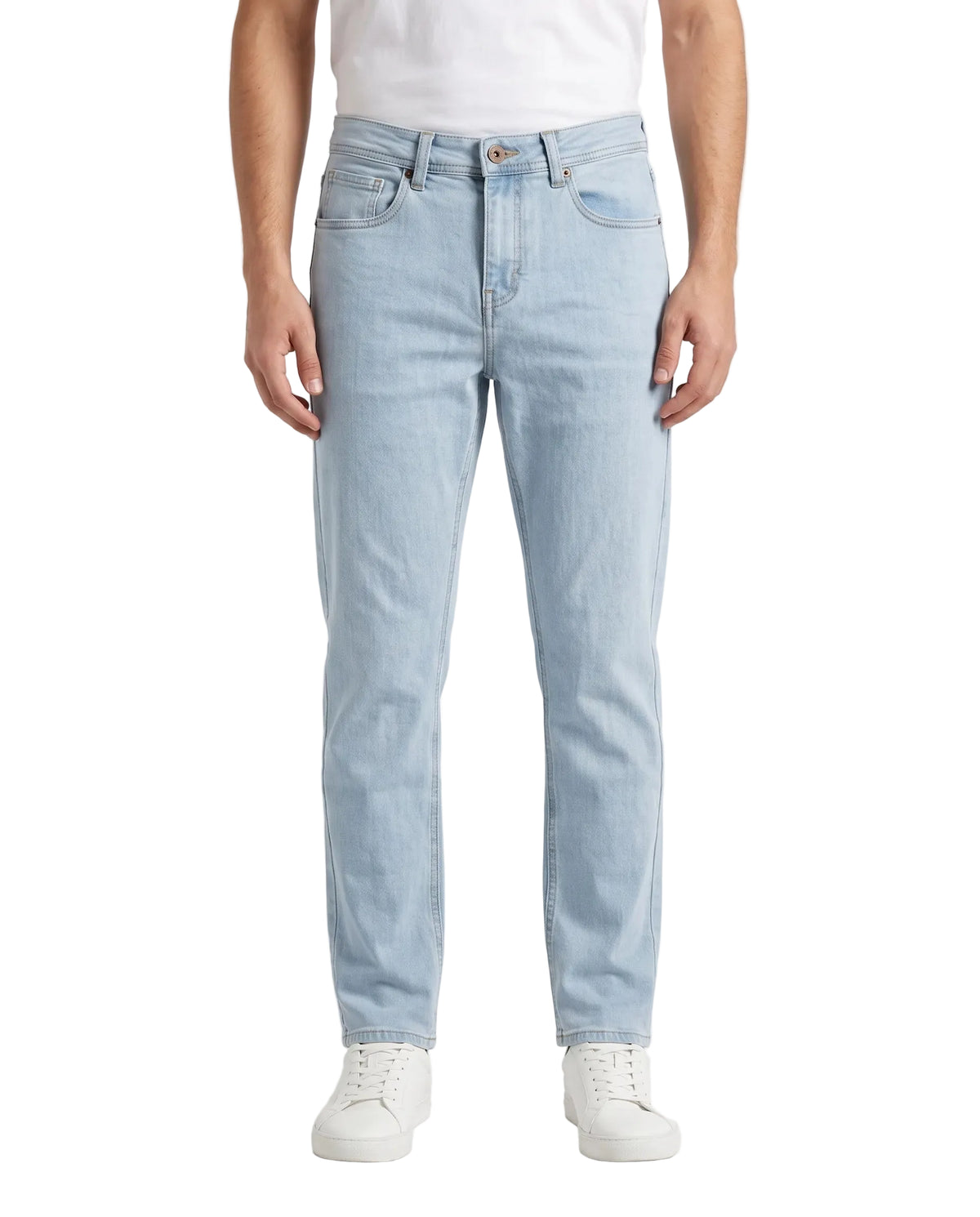 Men's light blue straight fit jeans with fixed waist and button closure by TREE