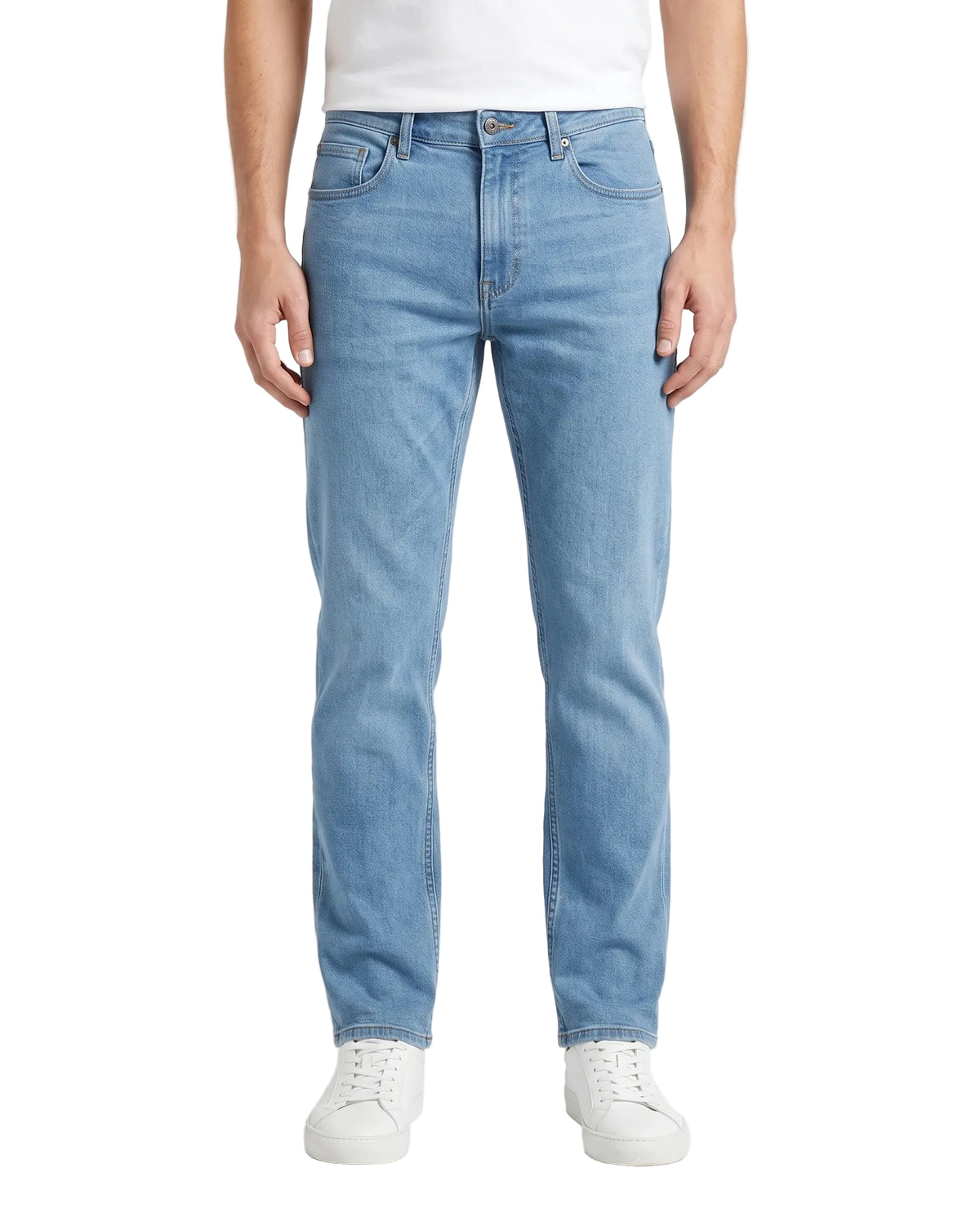 Men's light blue straight fit jeans with fixed waist and button closure by TREE   