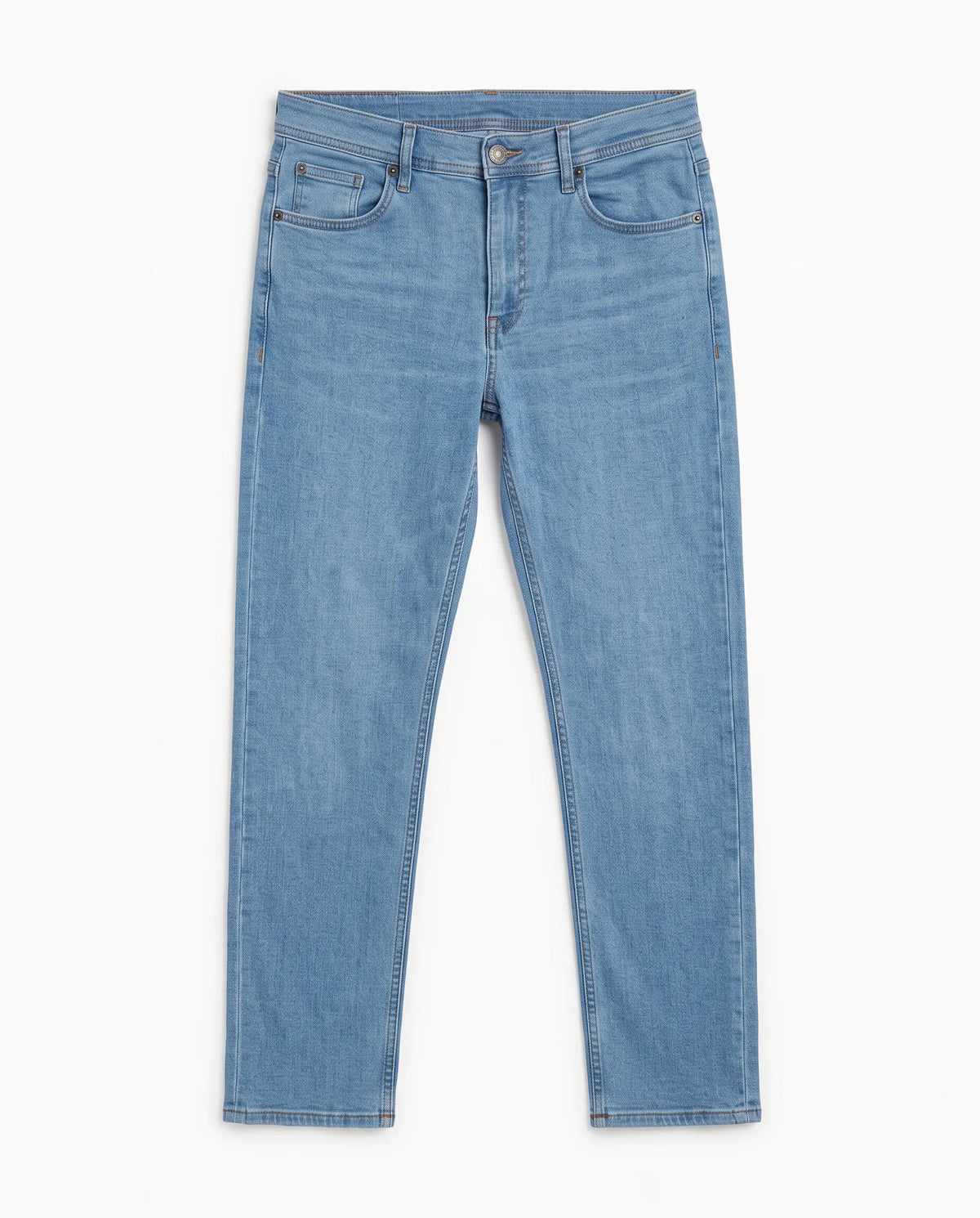 Men's light blue straight fit jeans with fixed waist and button closure by TREE   