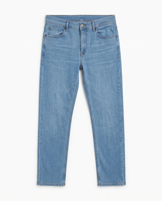 Men's light blue straight fit jeans with fixed waist and button closure by TREE   