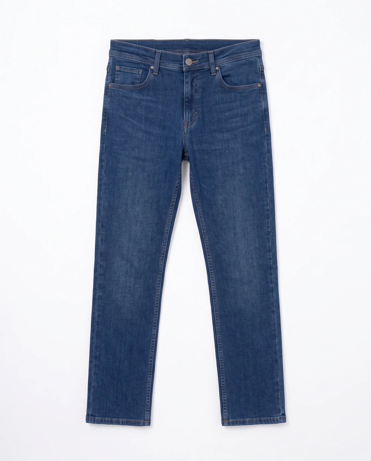 Men's blue straight fit jeans with fixed waist and button closure by TREE   