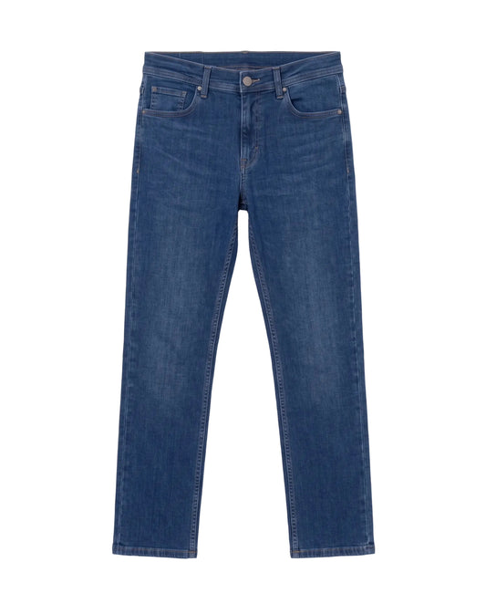Men's blue straight fit jeans with fixed waist and button closure by TREE   