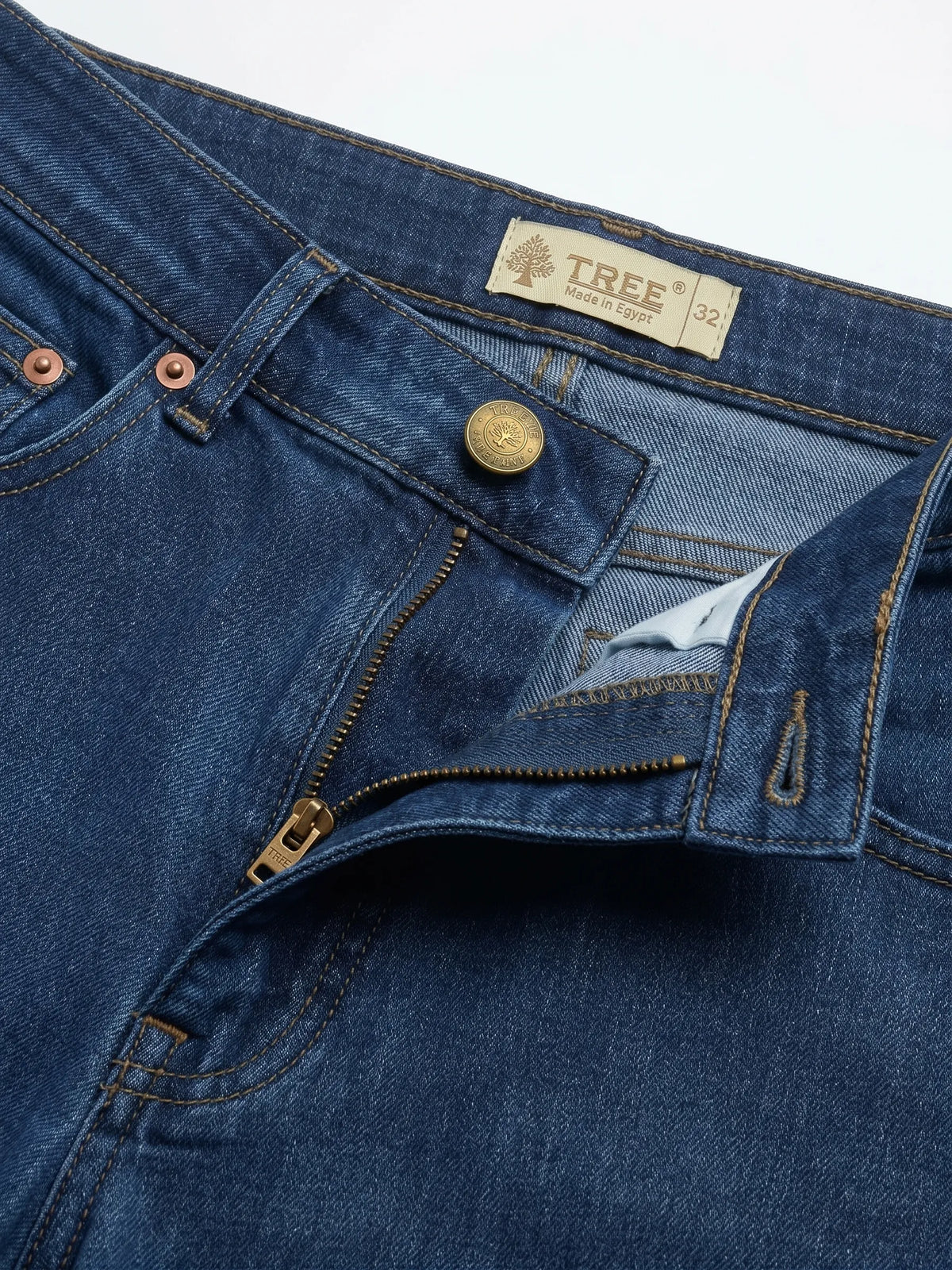 Men's blue straight fit jeans with fixed waist and button closure by TREE   