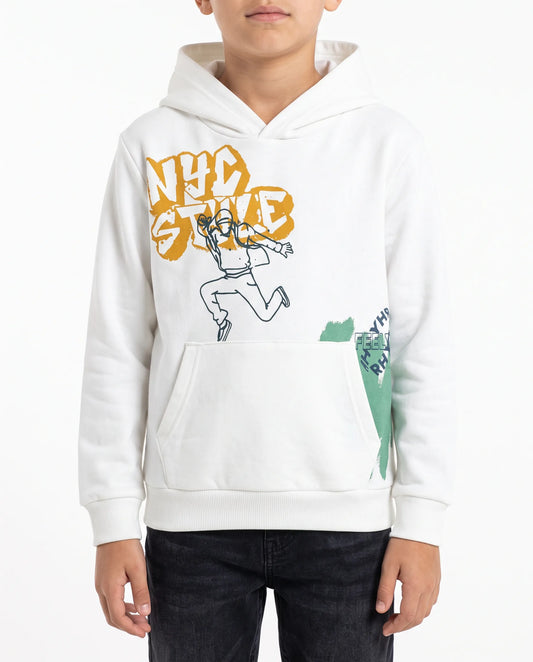 Boys' off-white printed hoodie with graphic art and front pocket by TREE   