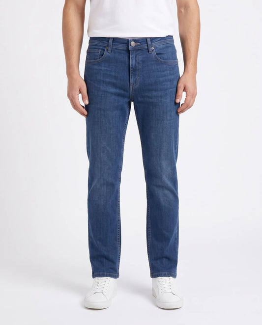 Men's blue straight fit jeans with fixed waist and button closure by TREE   
