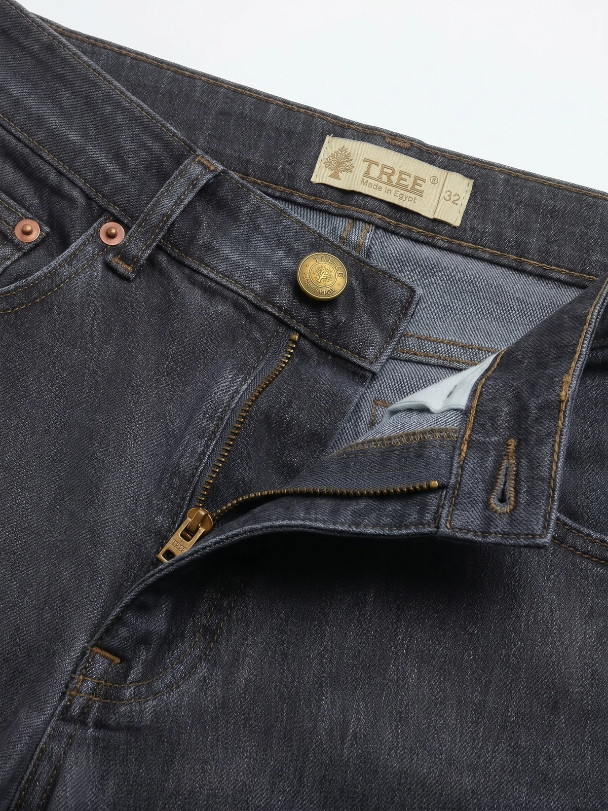 Men's grey straight fit jeans with fixed waist and button closure by TREE