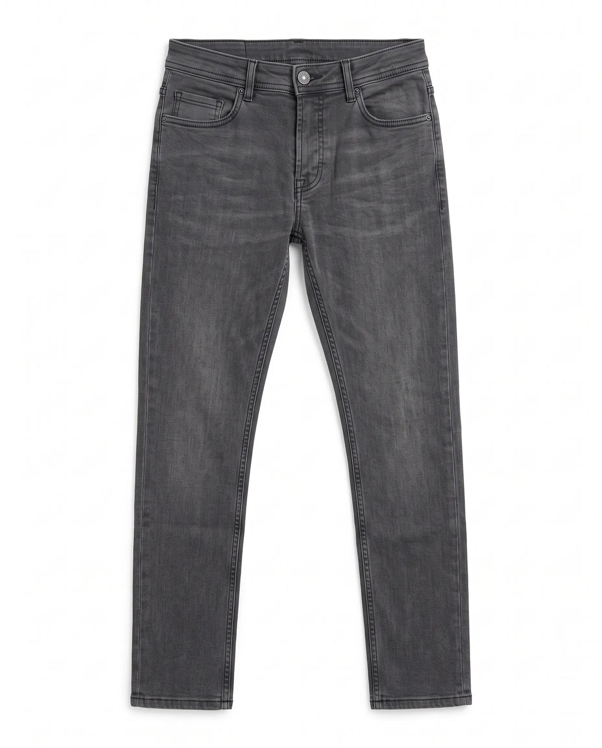 Men's grey straight fit jeans with fixed waist and button closure by TREE