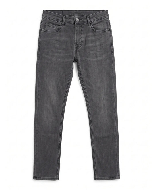 Men's grey straight fit jeans with fixed waist and button closure by TREE
