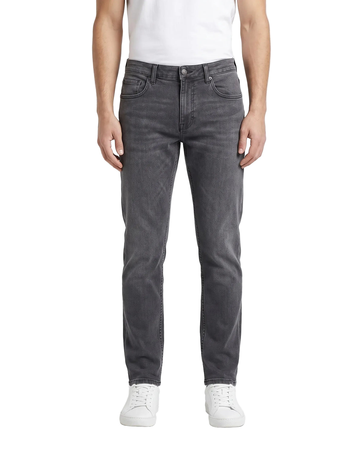 Men's grey straight fit jeans with fixed waist and button closure by TREE
