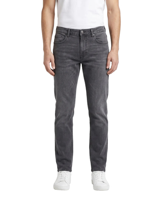 Men's grey straight fit jeans with fixed waist and button closure by TREE