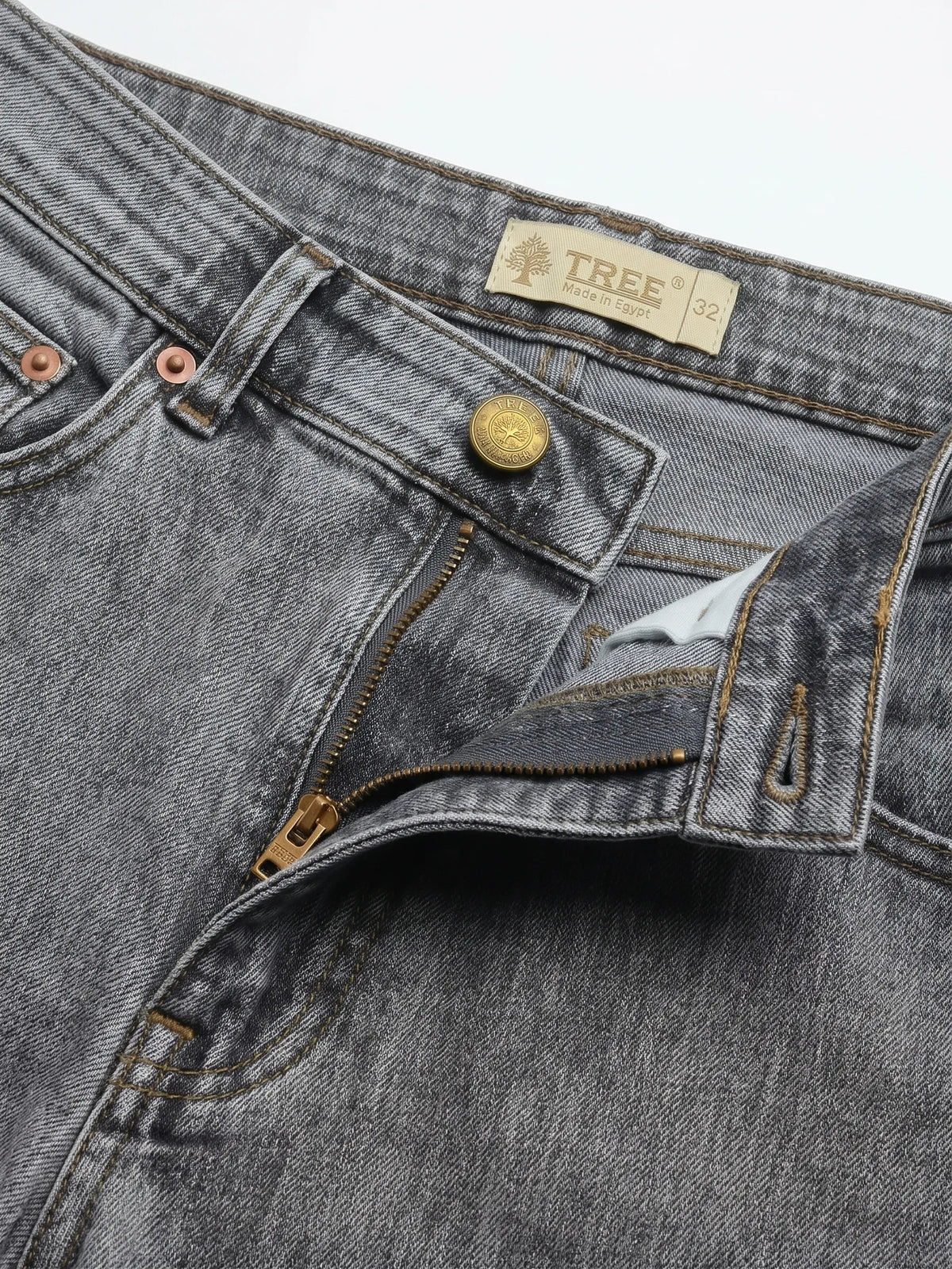 Men's grey straight fit jeans with fixed waist and button closure by TREE