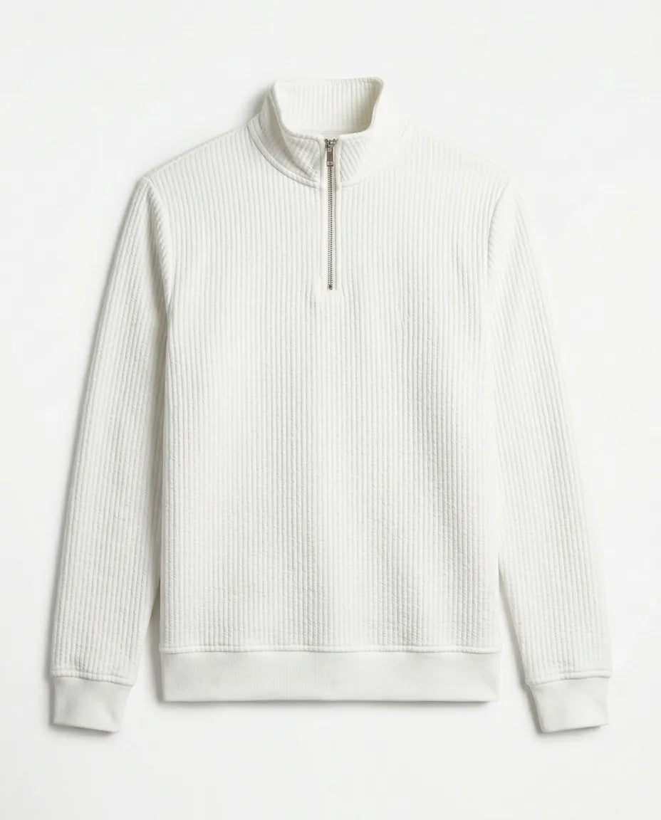 Men's fashion white half-zip sweatshirt with ribbed textured pattern by TREE   