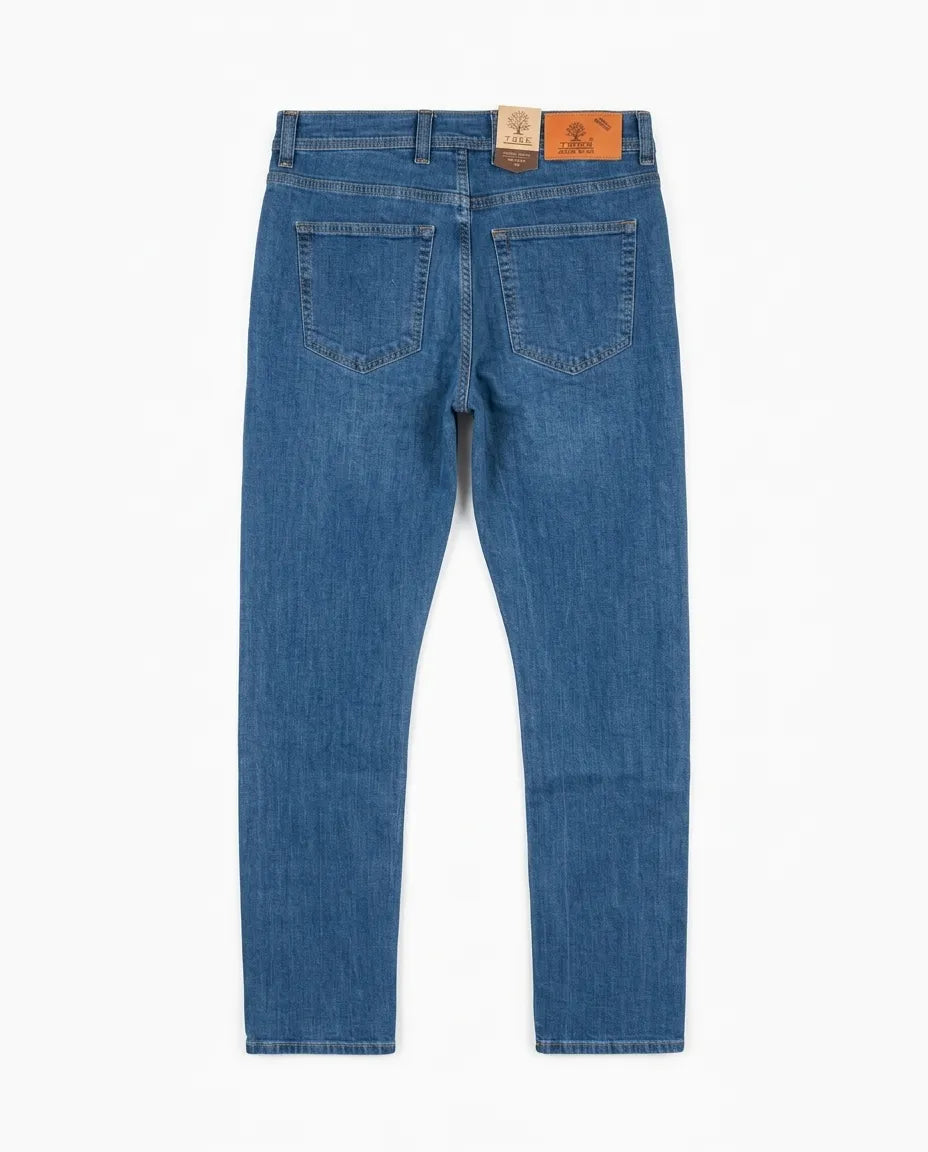Men's blue regular-fit jeans with fixed waist and button closure by TREE   