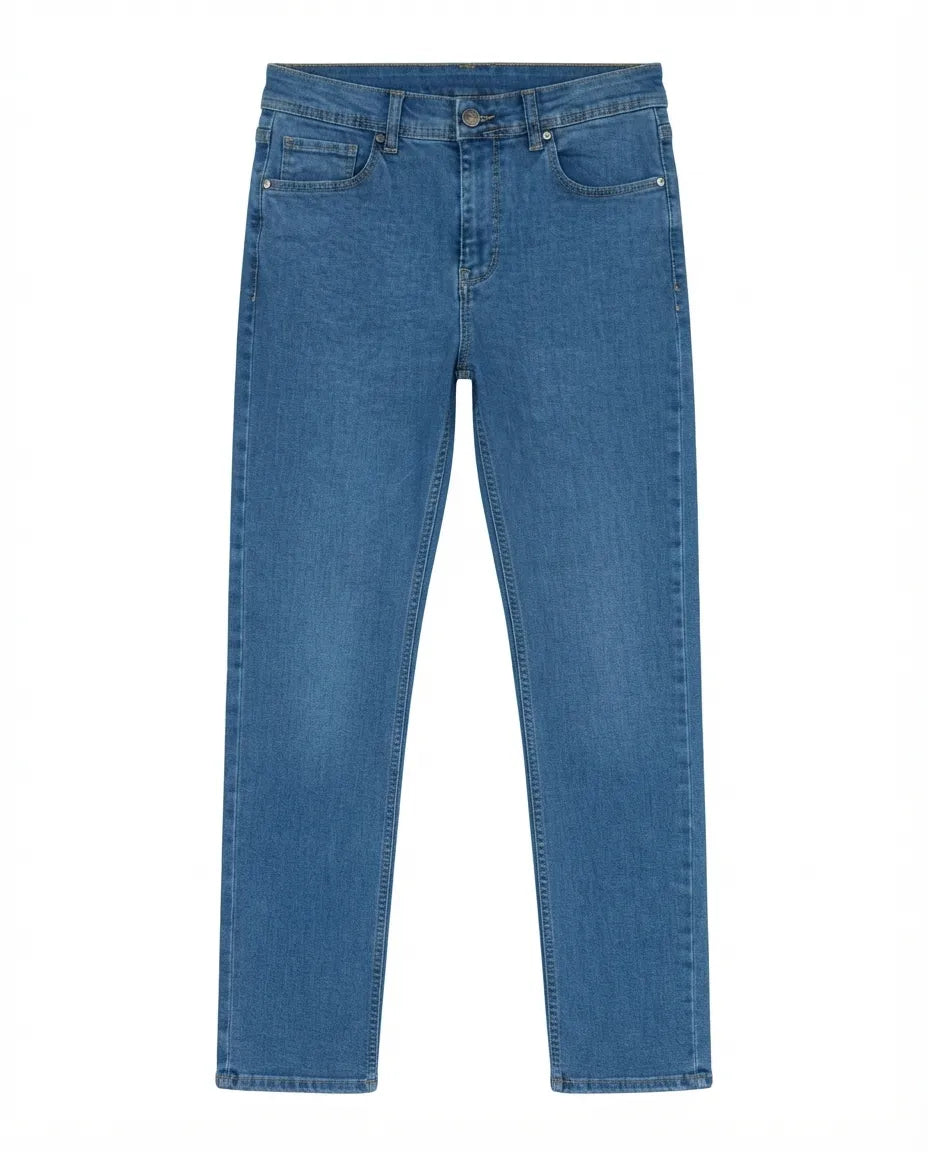 Men's blue regular-fit jeans with fixed waist and button closure by TREE   