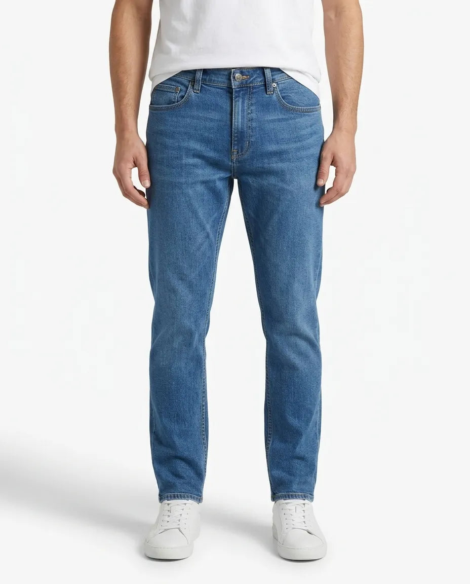 Men's blue regular-fit jeans with fixed waist and button closure by TREE   