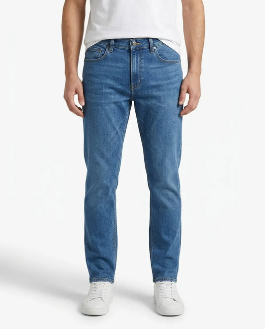 Men's blue regular-fit jeans with fixed waist and button closure by TREE   