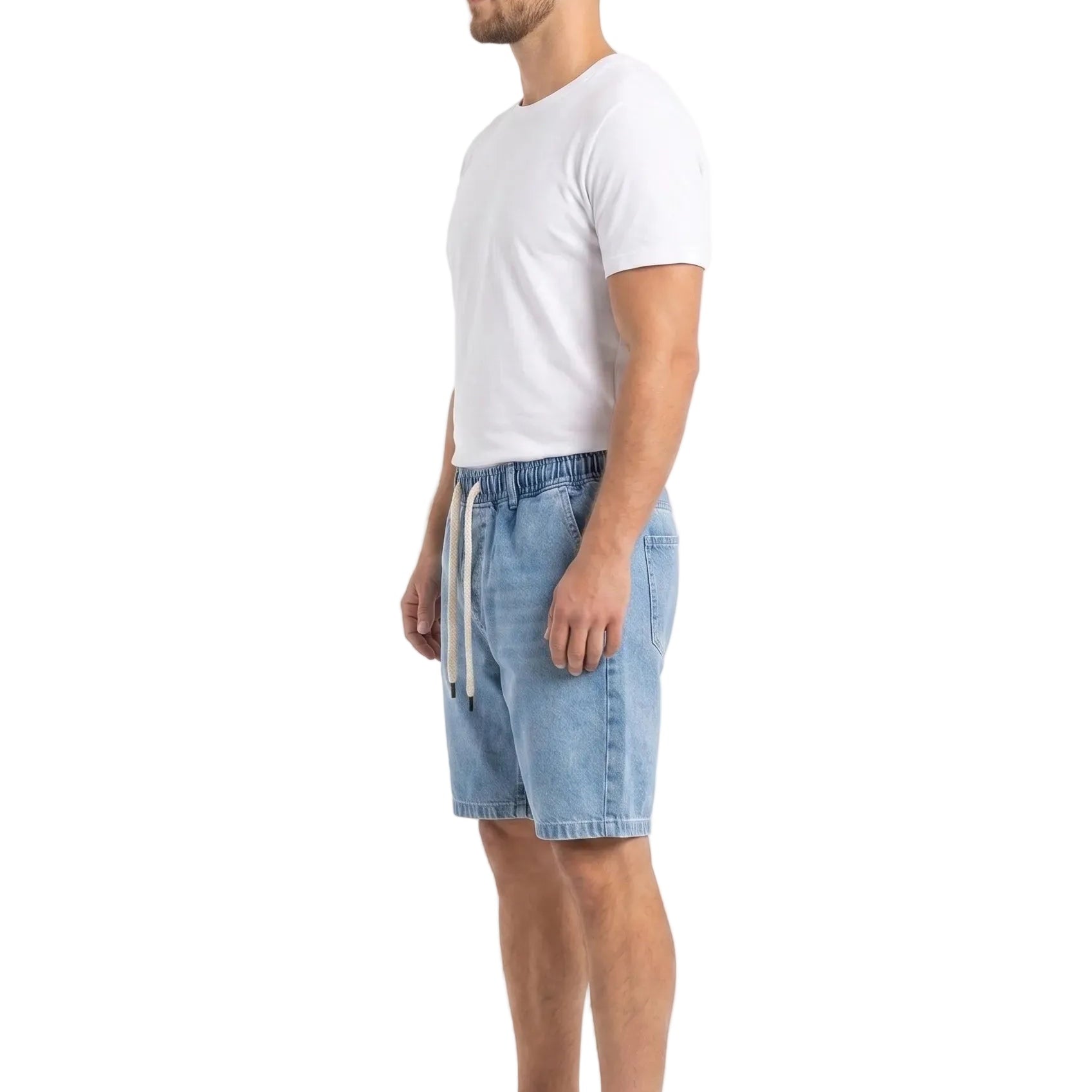 Front view of a model wearing men's iced denim oversized 100% cotton shorts by TREE.