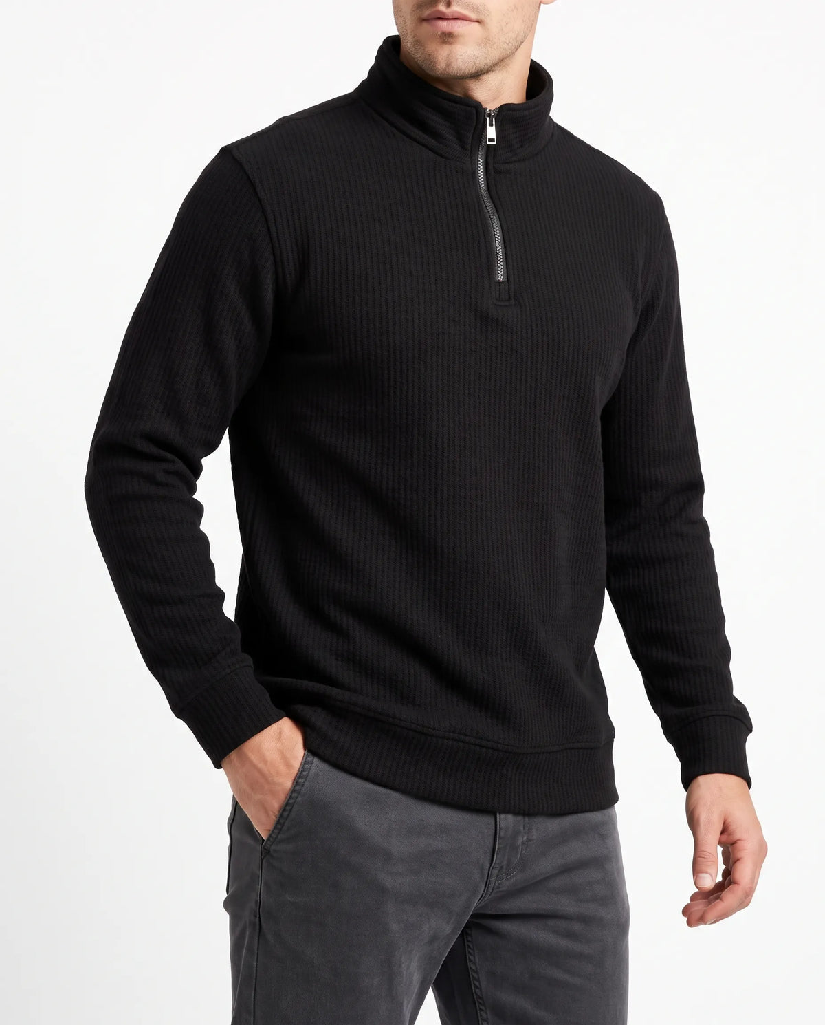Men's fashion white half-zip sweatshirt with ribbed textured pattern by TREE   