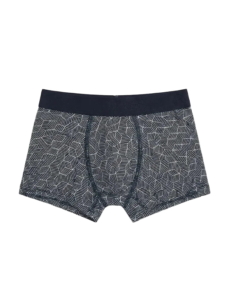 Front view of men's printed geometric pattern cotton-lycra boxer briefs featuring an elastic waistband by TREE.