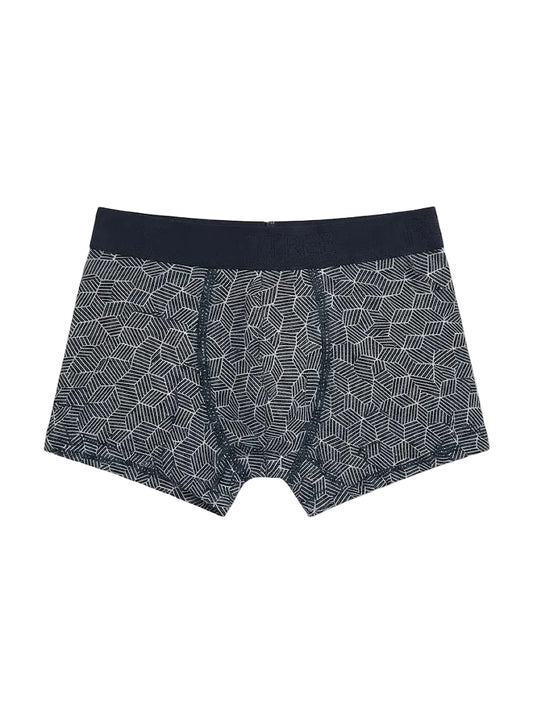 Front view of men's printed geometric pattern cotton-lycra boxer briefs featuring an elastic waistband by TREE.