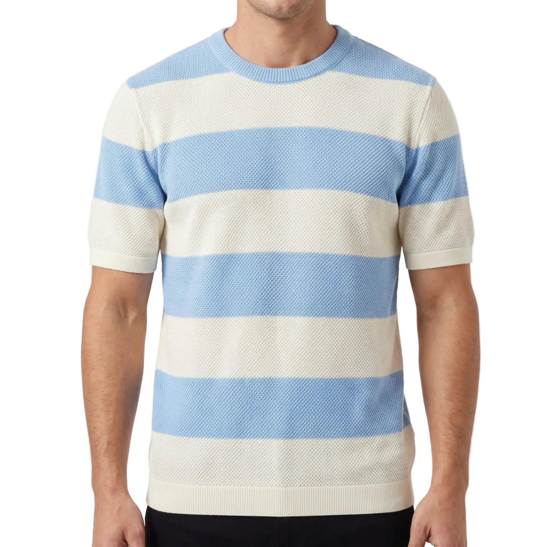 A man wearing a summer horizontal striped knit t-shirt with a textured finish and crew neck, paired with casual pants.