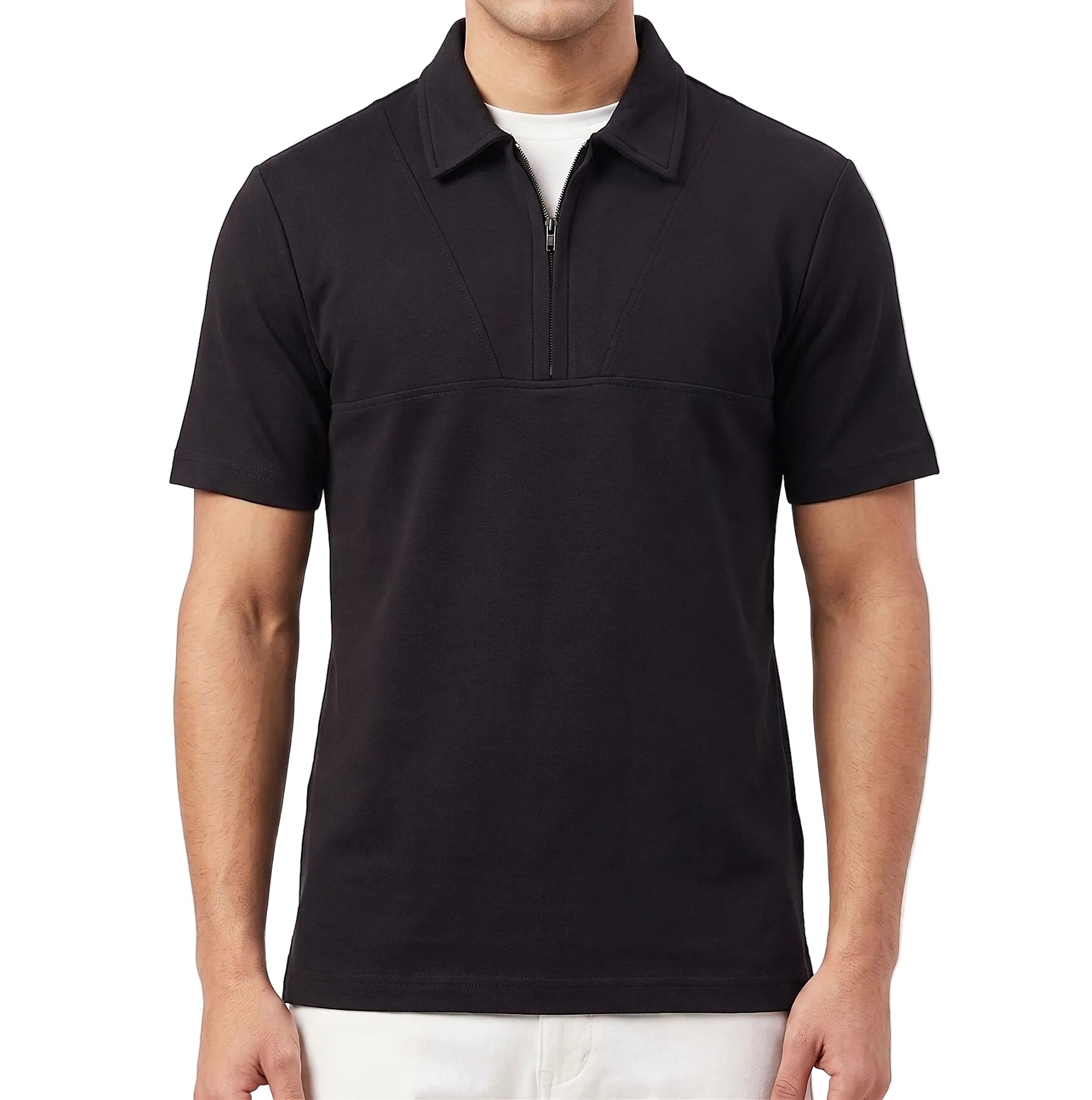 Men's solid short sleeve half-zip polo shirt in beige and black by TREE