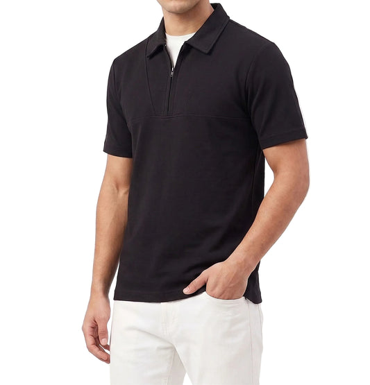 Men's solid short sleeve half-zip polo shirt in beige and black by TREE