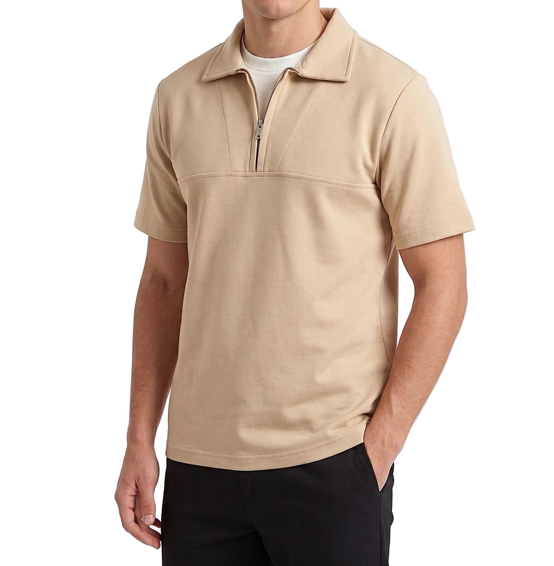 Men's solid short sleeve half-zip polo shirt in beige and black by TREE