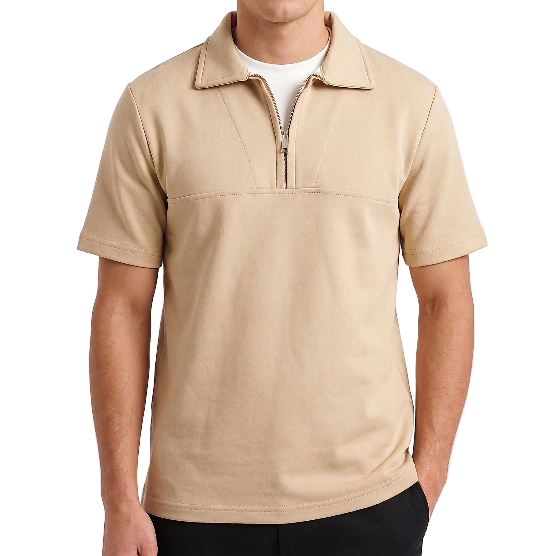 Men's solid short sleeve half-zip polo shirt in beige and black by TREE