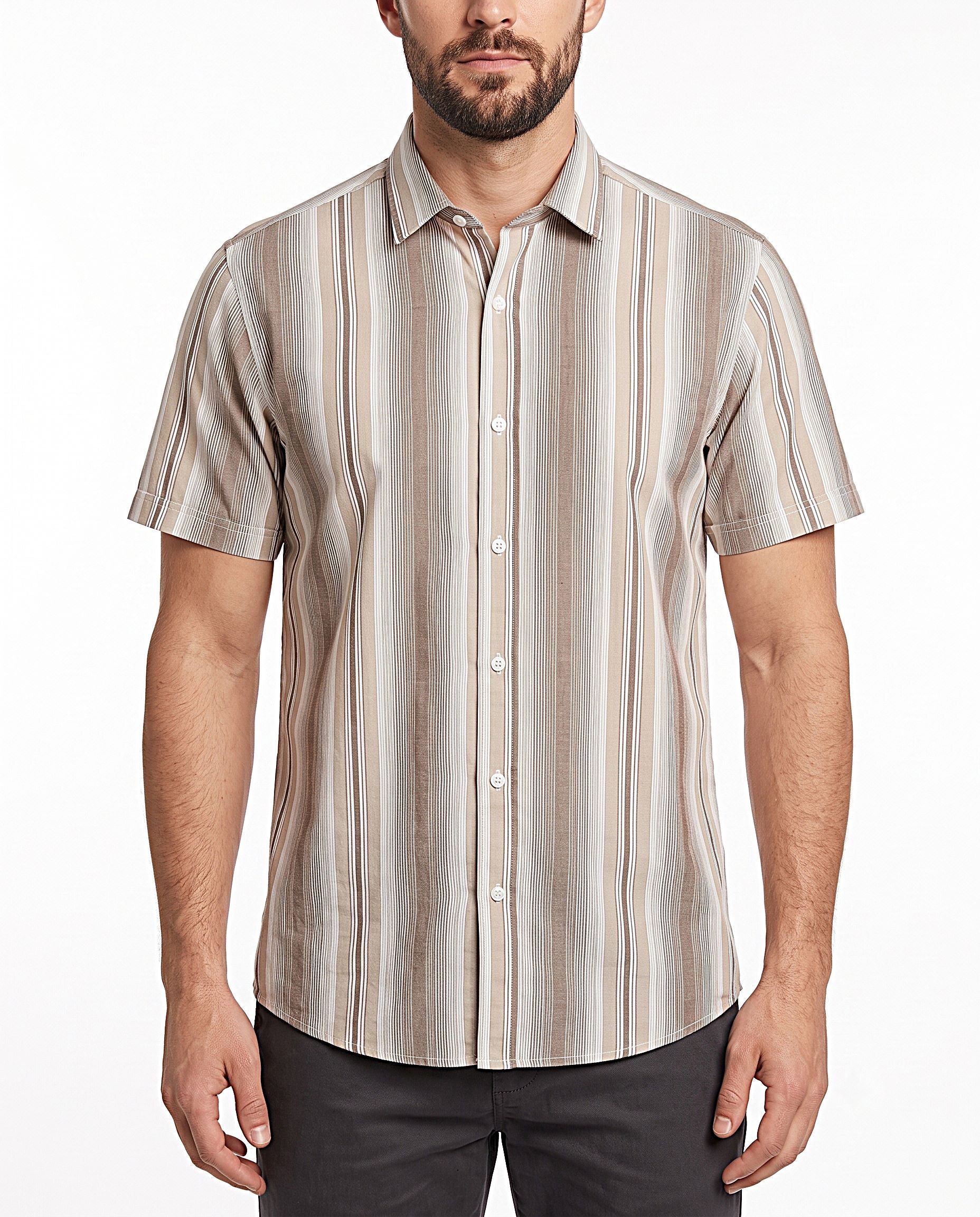 Men's khaki casual shirt with chest pockets and durable texture by TREE.