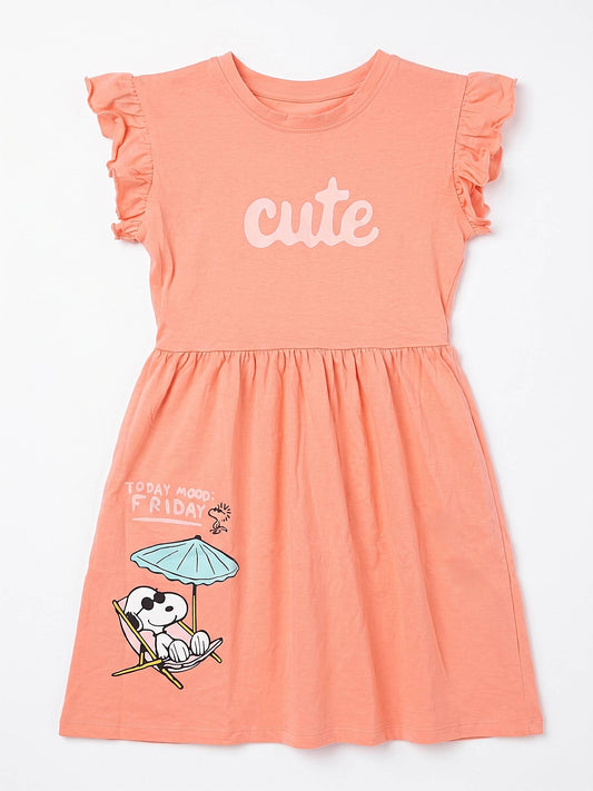 Girls' peach printed nightshirt with ruffle sleeves and relaxed fit by TREE