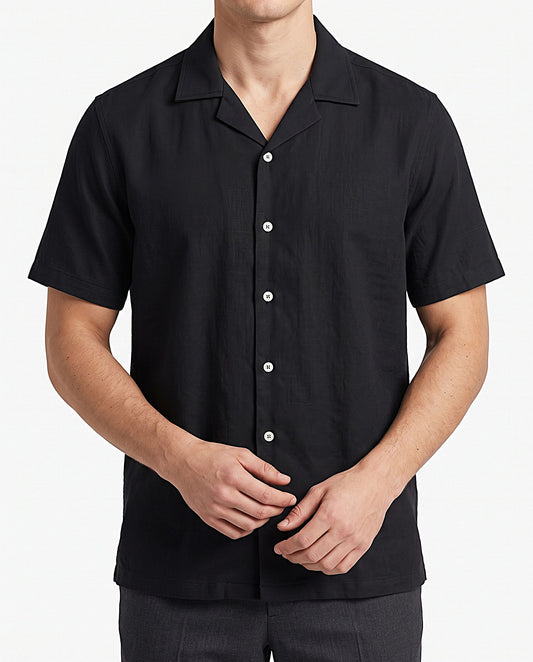 Men's Cotton Linen Blend Short Sleeve Shirt with Cuban Collar - Regular Fit