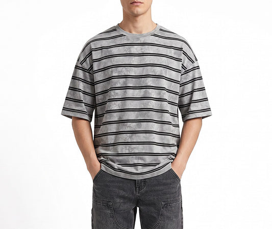 Men’s Grey Tie-Dye Striped 100% Cotton T-Shirt – Box Fit