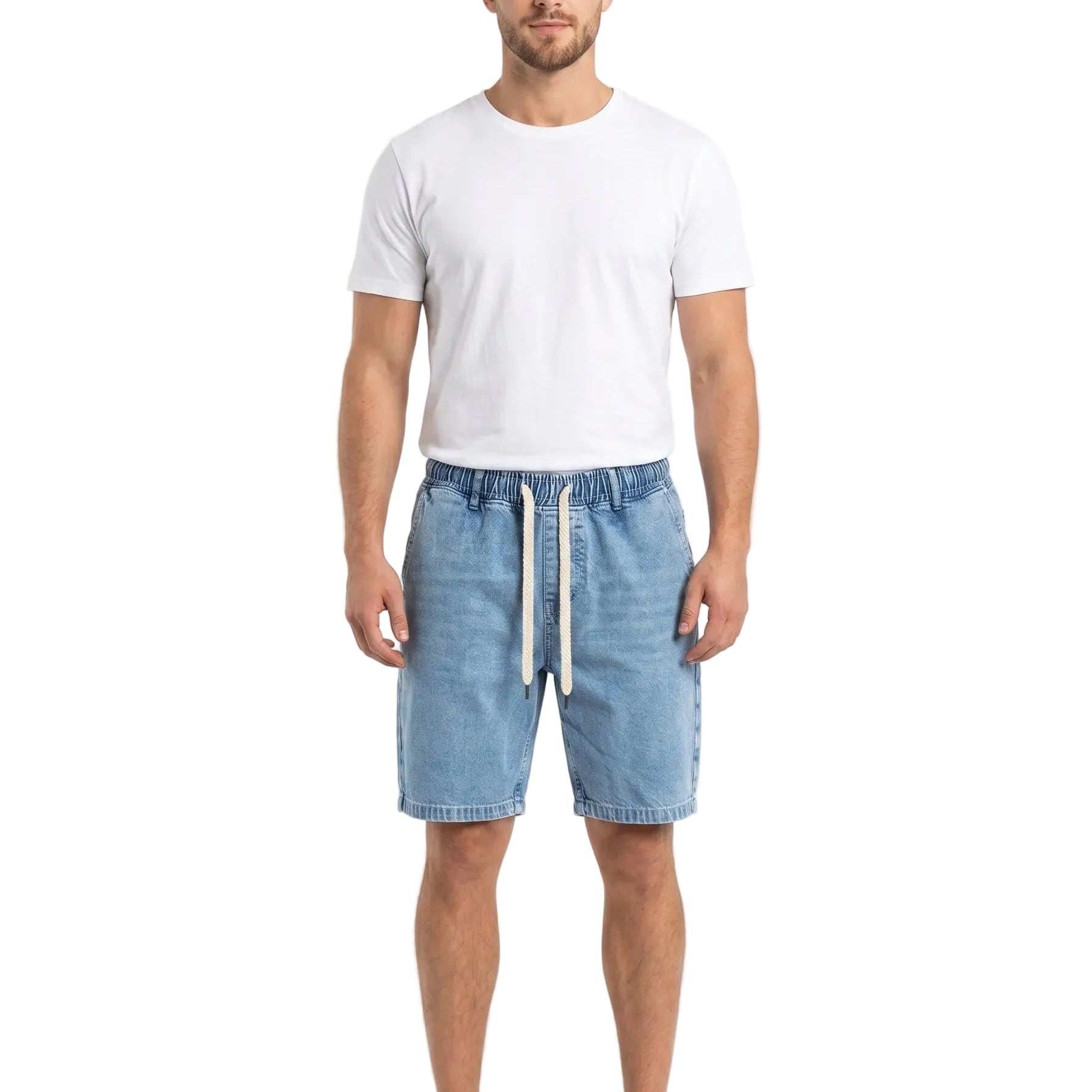 Front view of a model wearing men's iced denim oversized 100% cotton shorts by TREE.