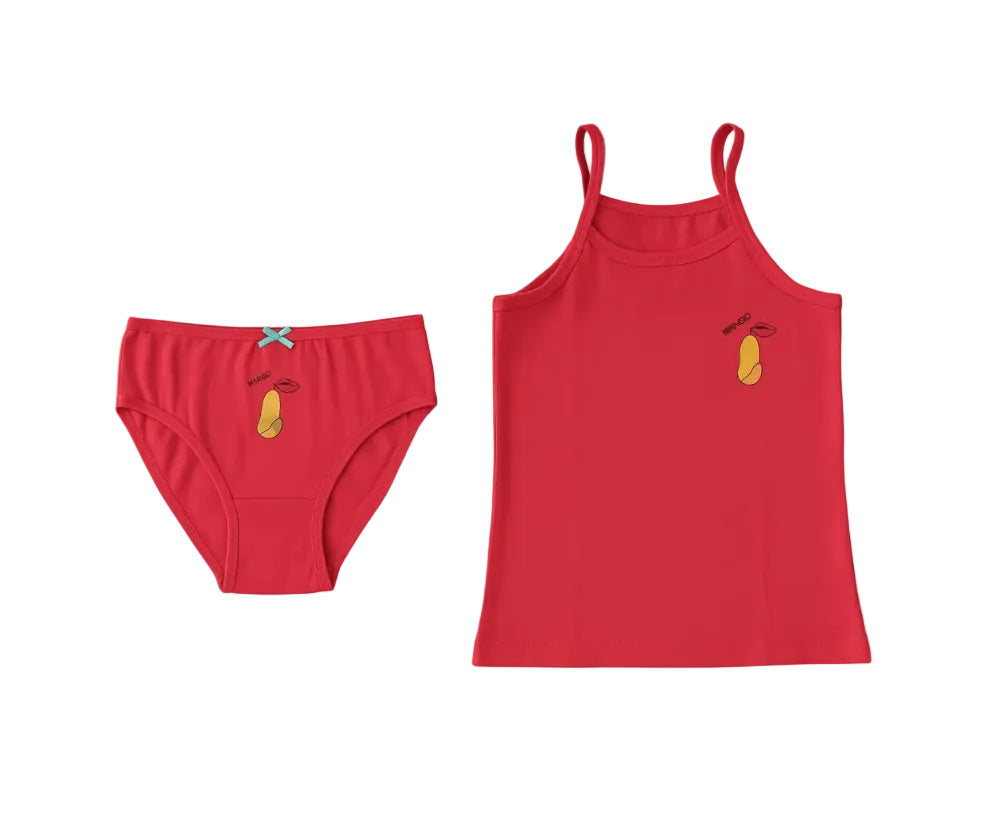 Flat lay view of a red 2-piece cotton girls' mango print set by TREE.