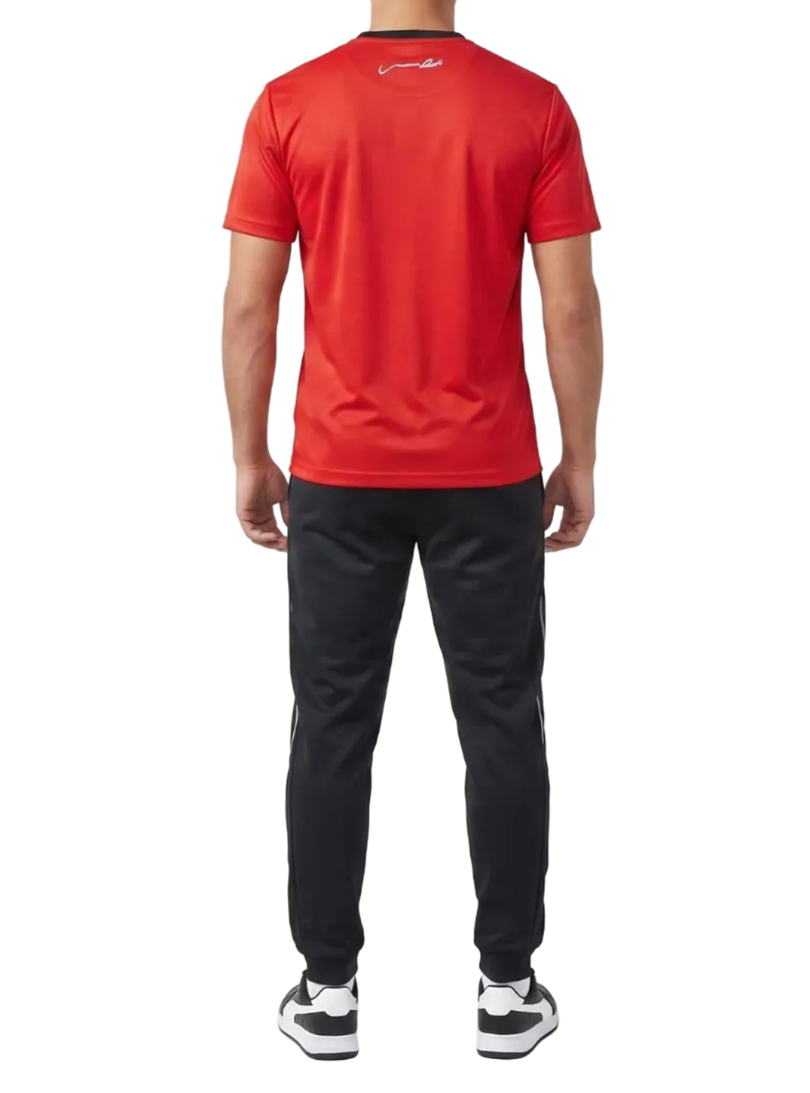 Front view of a man wearing an Egypt sports t-shirt in white and red by TREE.