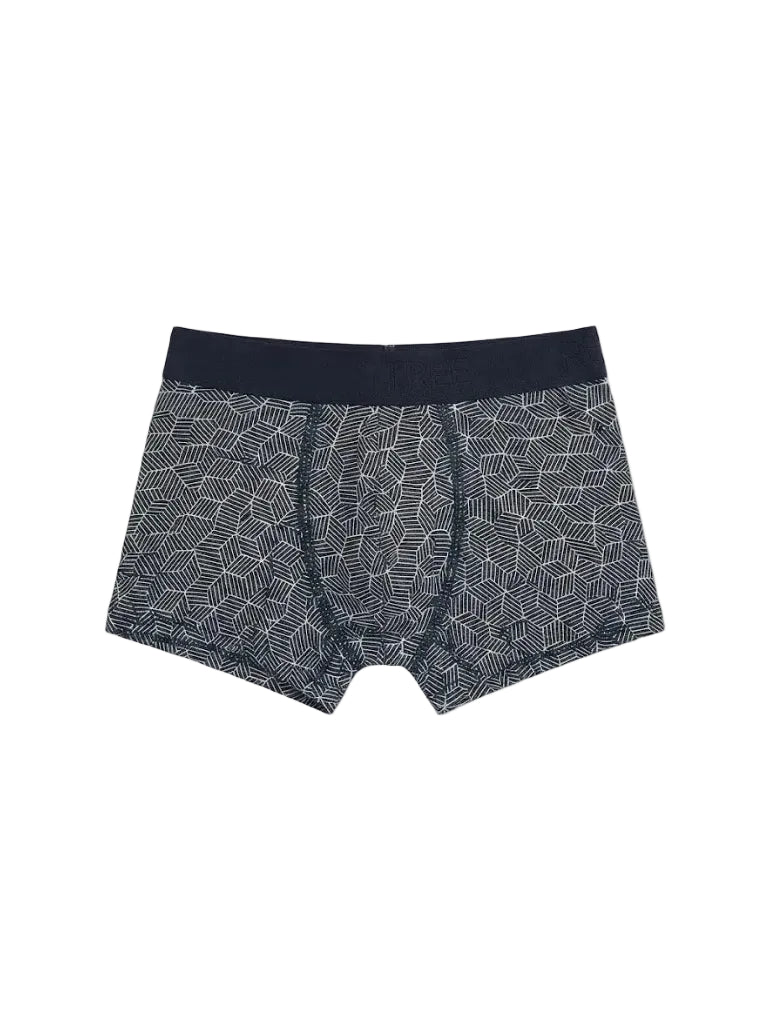 Front view of kids' printed geometric pattern cotton-lycra boxer briefs featuring an elastic waistband by TREE.