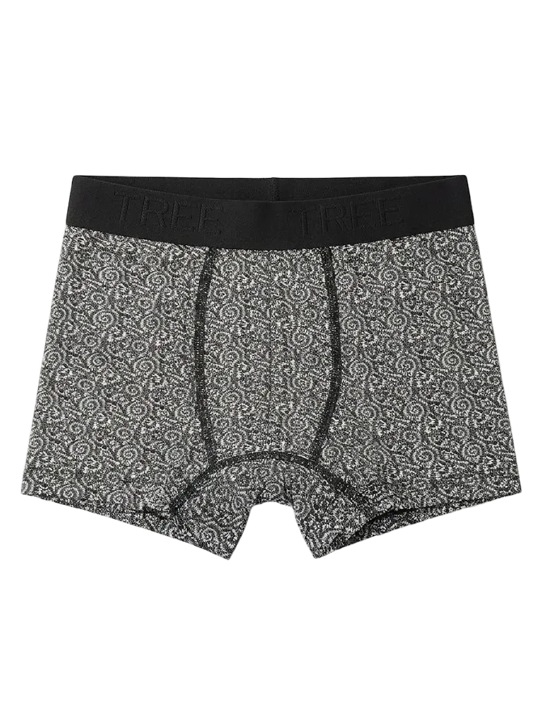 Front view of men's printed spiral pattern cotton-lycra boxer briefs featuring an elastic waistband by TREE.