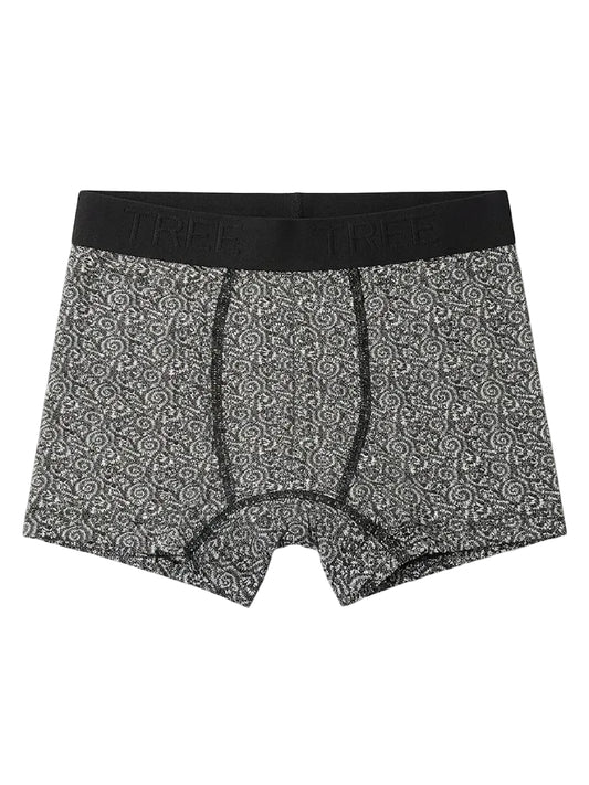 Front view of men's printed spiral pattern cotton-lycra boxer briefs featuring an elastic waistband by TREE.