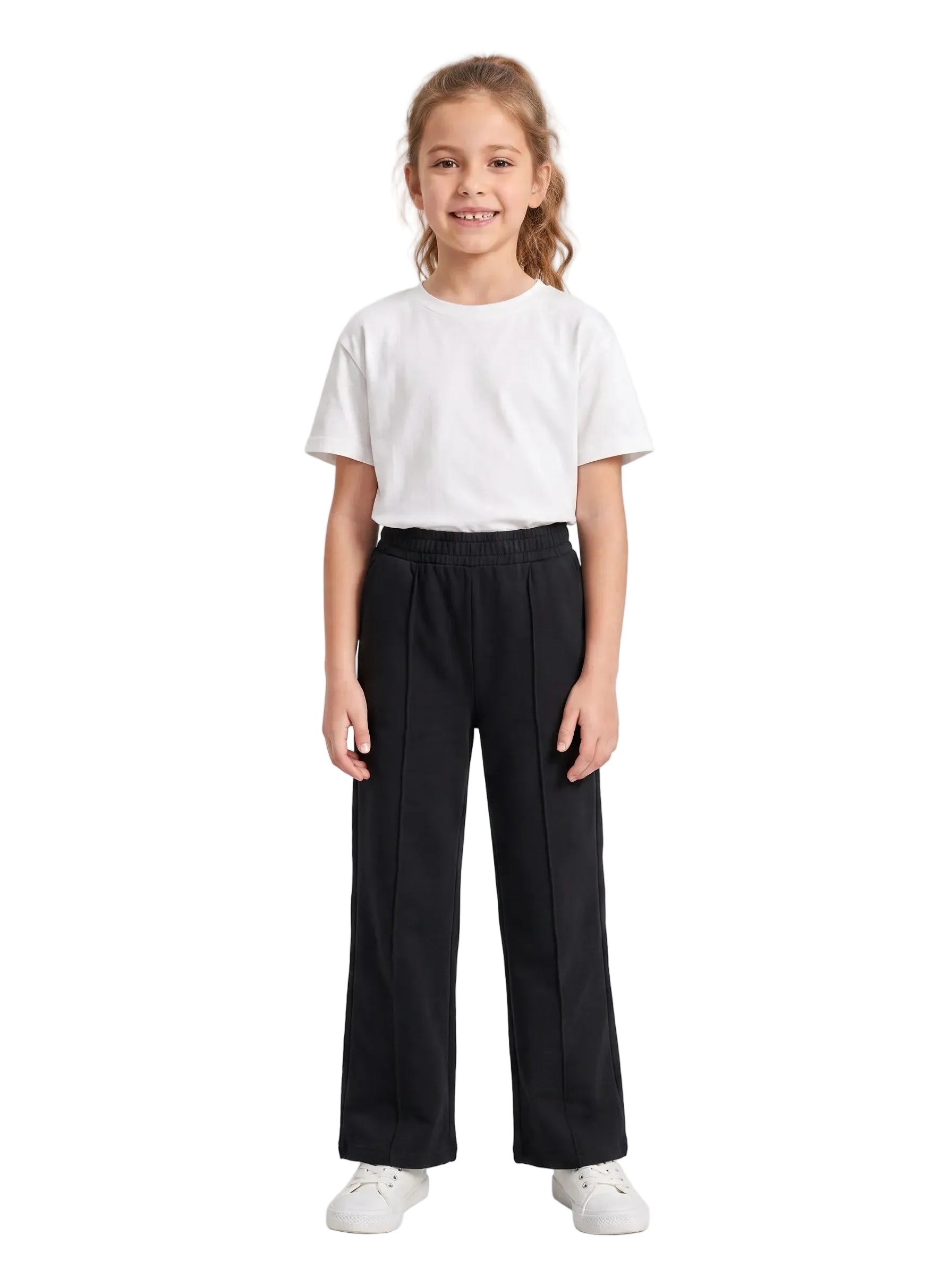 Front view of a young girl wearing summer black wide-leg sweatpants by TREE.