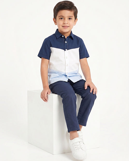 Boys' Navy Color-Block Oxford Short Sleeve Shirt – 100% Cotton