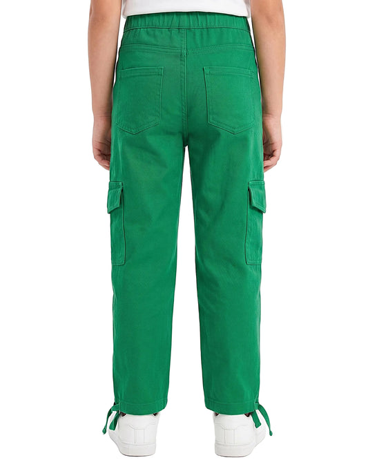 Girls' Green Gabardine Wide-Leg Cargo Pants with Buttoned High Waist – Wide Fit