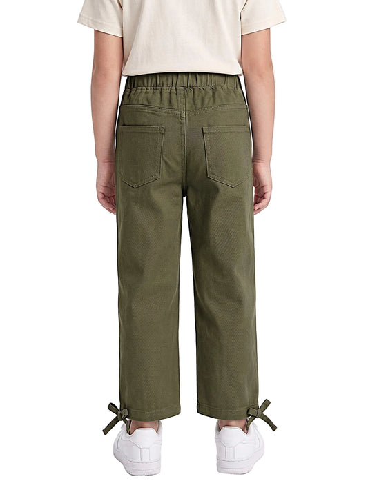 Girls' Olive Gabardine Wide-Leg Pants with Elastic Drawstring Waist
