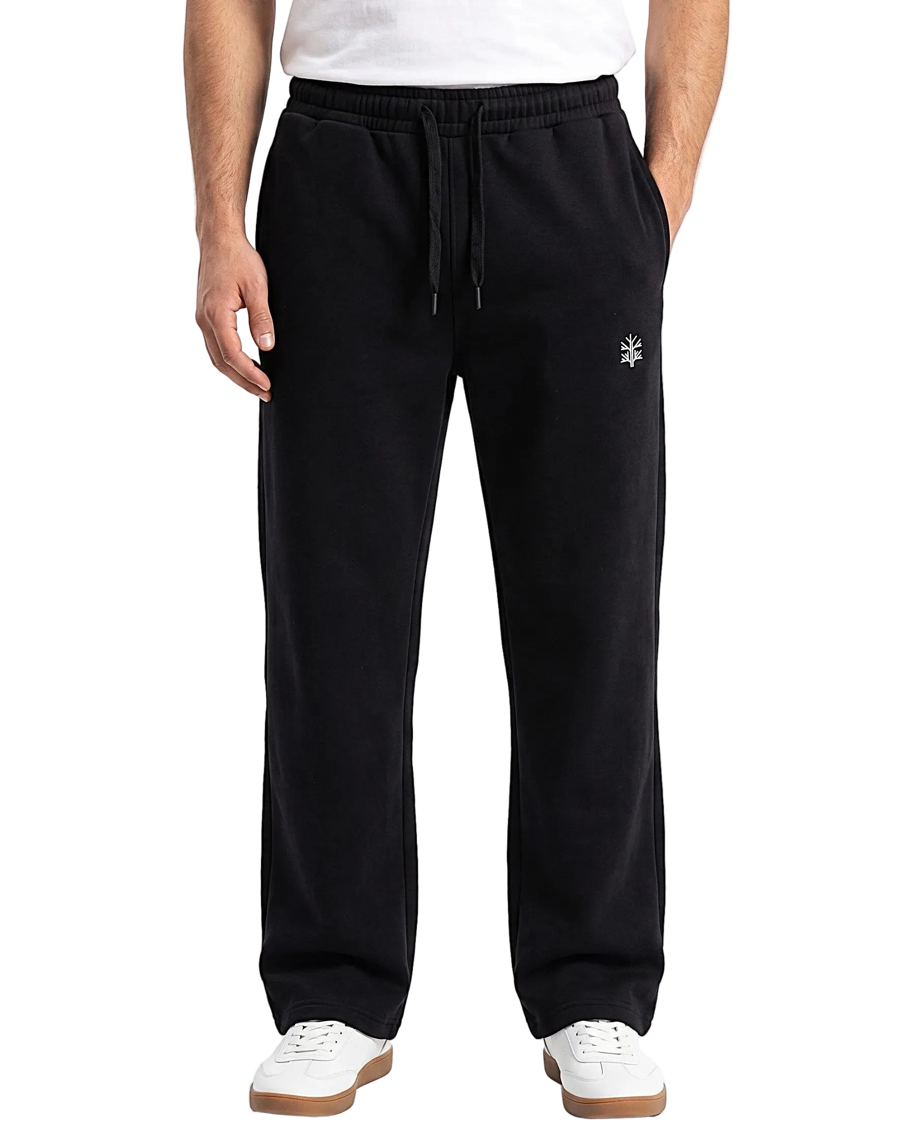 Front view of a men's 100% cotton sweatpants in a regular fit featuring a printed TREE logo.
