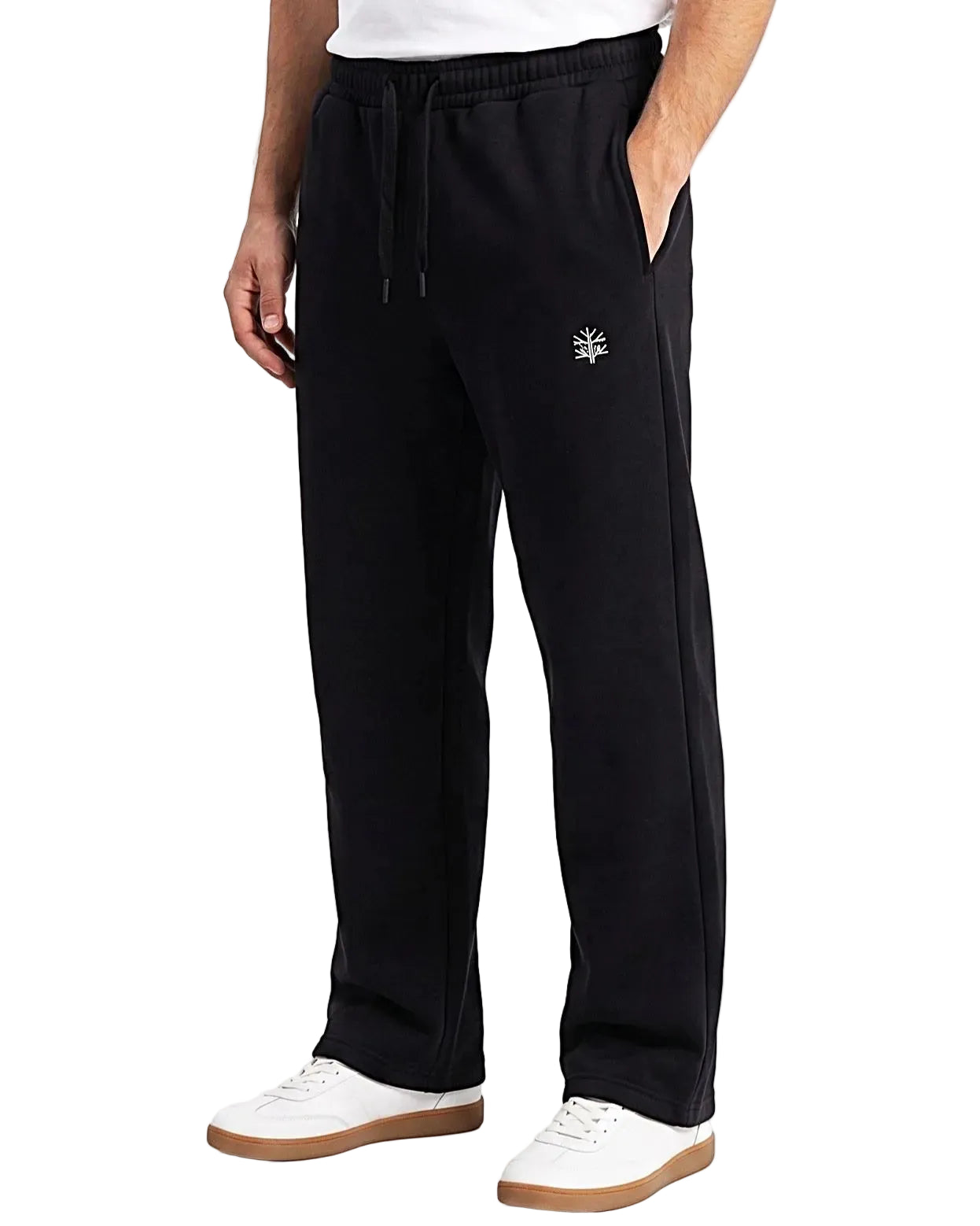 Side View Image: Side angle showing the regular fit and pocket details of the men's sweatpants.
Detail Image: Close-up of the elastic waistband, drawstrings, and printed tree logo.