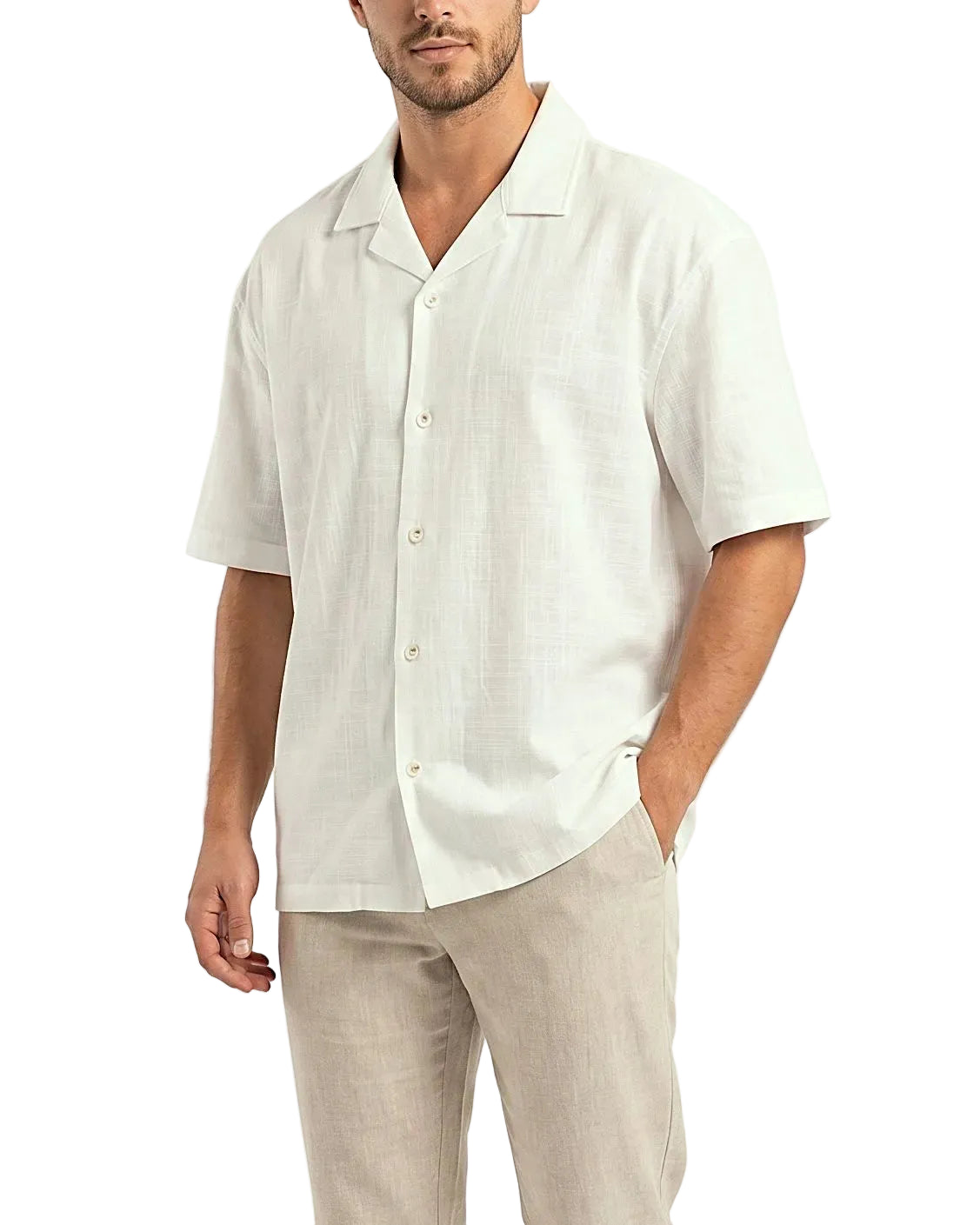 Front view of a men's solid beige casual shirt featuring a camp collar, short sleeves, and textured fabric in an oversized fit by TREE.