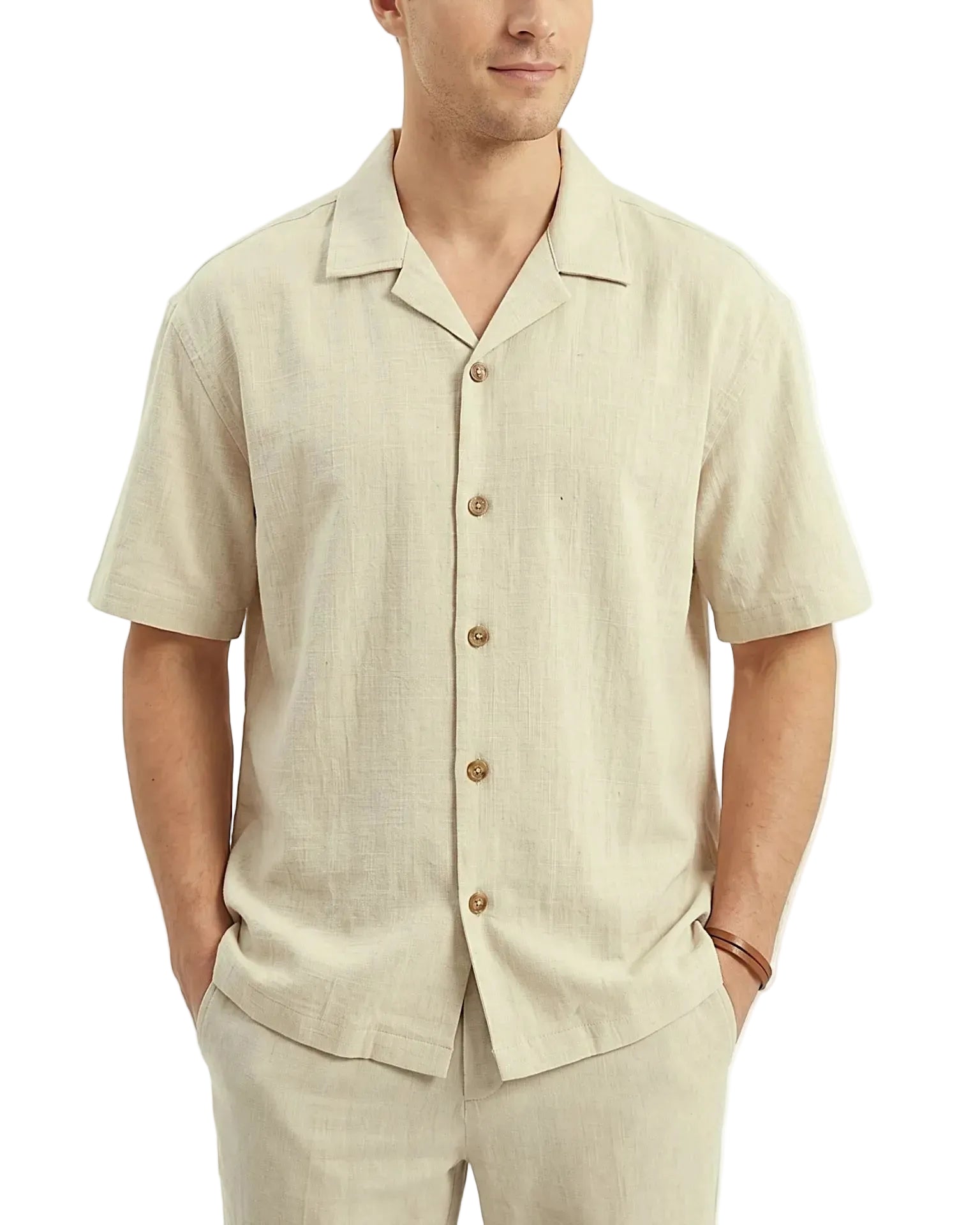 Front view of a men's solid beige casual shirt featuring a camp collar, short sleeves, and textured fabric in an oversized fit by TREE.