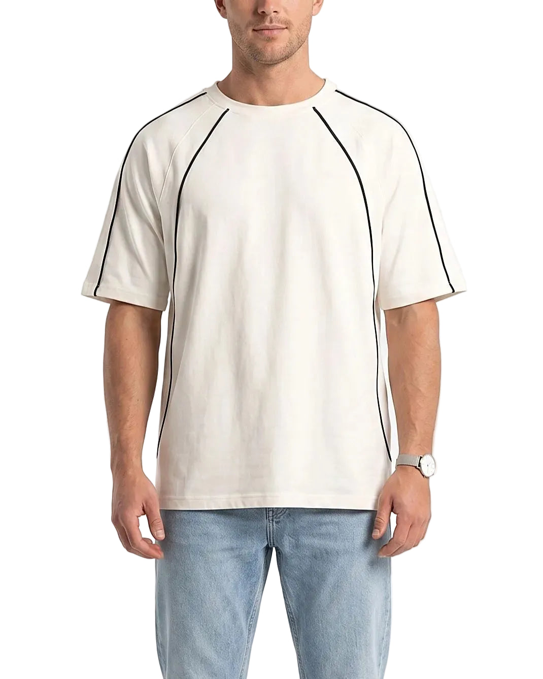 Front view of a men's 100% cotton oversized t-shirt featuring contrasting piping details by TREE.
