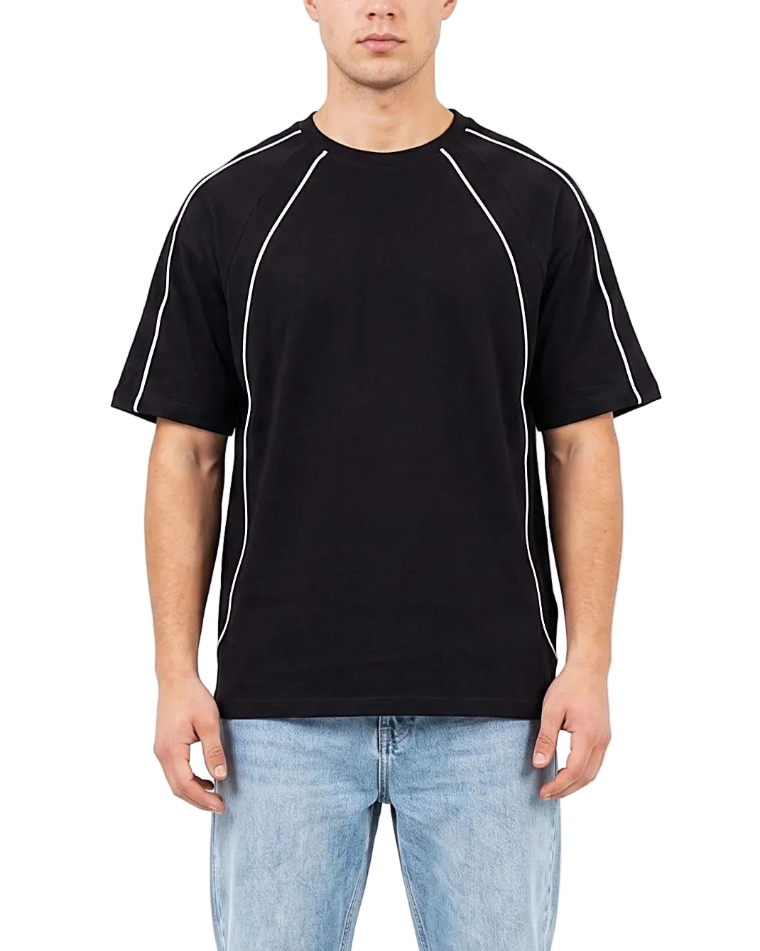 Front view of a men's 100% cotton oversized t-shirt featuring contrasting piping details by TREE.
